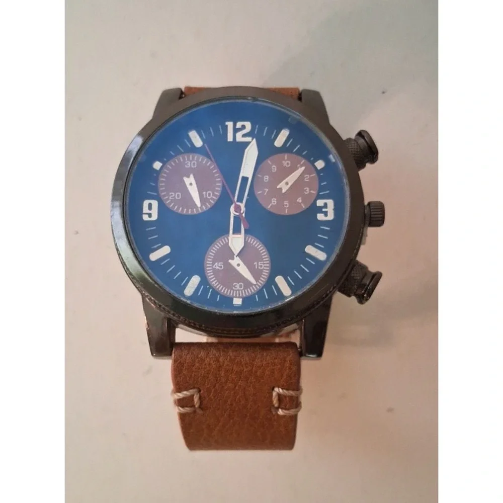 Chronograph Watch Dark Brown face Brown subdials Brown leather strap Working